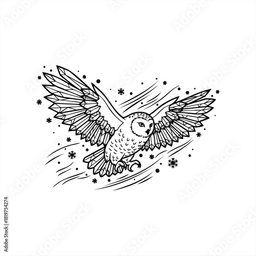 A majestic snowy owl with polygonal wings soaring through a flurry of snowflakes, rendered in a clean black and white vector graphic style for a powerful, wild emblem