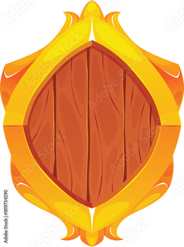 Round medieval wooden shield in a golden frame, ancient defensive equipment.