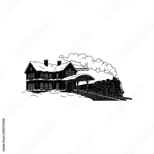A black and white steam locomotive arriving at a snowy vintage train station, a detailed retro illustration in a woodcut style showing a classic winter railway scene