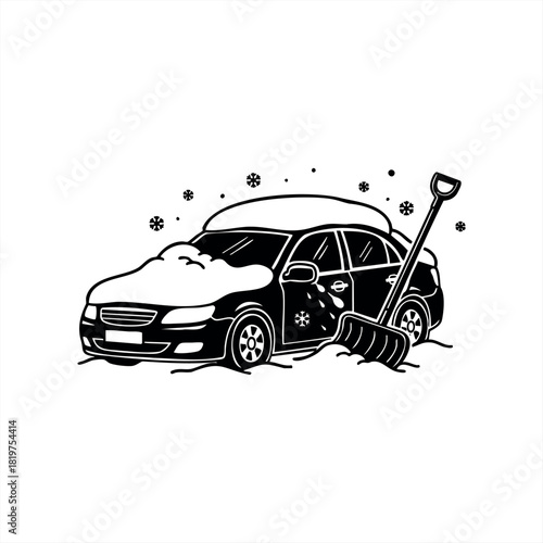 A snow-covered black passenger car stuck in a deep drift with a shovel ready for removal during a winter storm, a simple black and white vector line art illustration