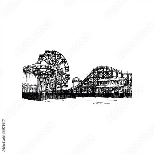 An abandoned amusement park in winter with a frozen Ferris wheel and roller coaster covered in snow and icicles, a desolate hand-drawn black and white sketch