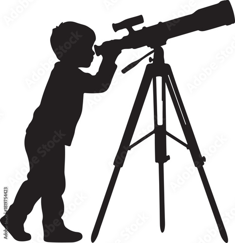 Young child exploring the universe with a large telescope, silhouette illustration, astronomy observation and discovery, scientific curiosity, educational vector graphic.