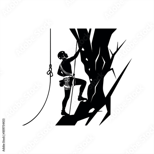 A black silhouette vector illustration of a rock climber scaling a steep cliff face, wearing safety gear like a helmet, harness, and rope in a minimalist graphic style