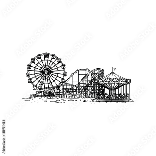 Amusement park illustration with a ferris wheel, roller coaster, and carousel in a detailed black and white hand-drawn sketch style for entertainment and leisure concepts