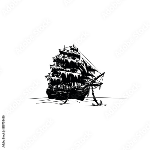 A black silhouette illustration of an old pirate ship with tattered sails and a large anchor, depicted as a ghost galleon frozen in a mysterious, icy sea