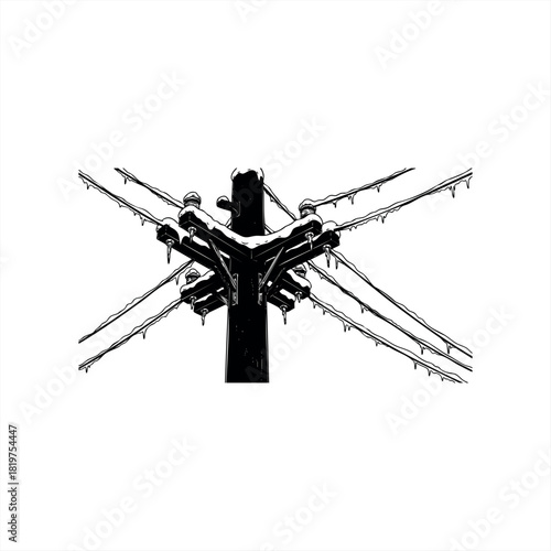 A snow-covered utility pole with frozen wires and icicles in a stark black and white graphic illustration style, viewed from a low angle perspective after a winter storm