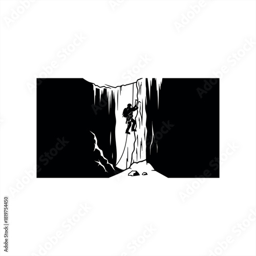 An ice climber with a helmet and backpack scaling a frozen waterfall with ice axes, a dramatic black and white minimalist vector illustration of an extreme sport