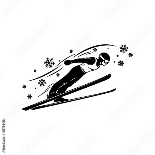 A dynamic black silhouette of a ski jumper flying through the air with snowflakes, depicted in a minimalist graphic vector style showing speed and motion