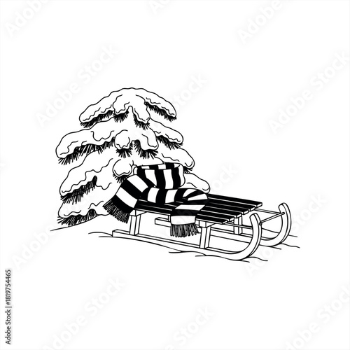 A wooden sled with a striped scarf drawn in a simple black and white line art style next to a snow-covered fir tree, evoking a peaceful winter holiday feeling