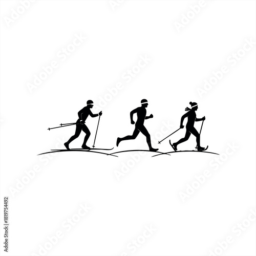 Three black silhouette icons of winter athletes participating in a triathlon with cross-country skiing, running, and snowshoeing in a minimalist graphic vector style