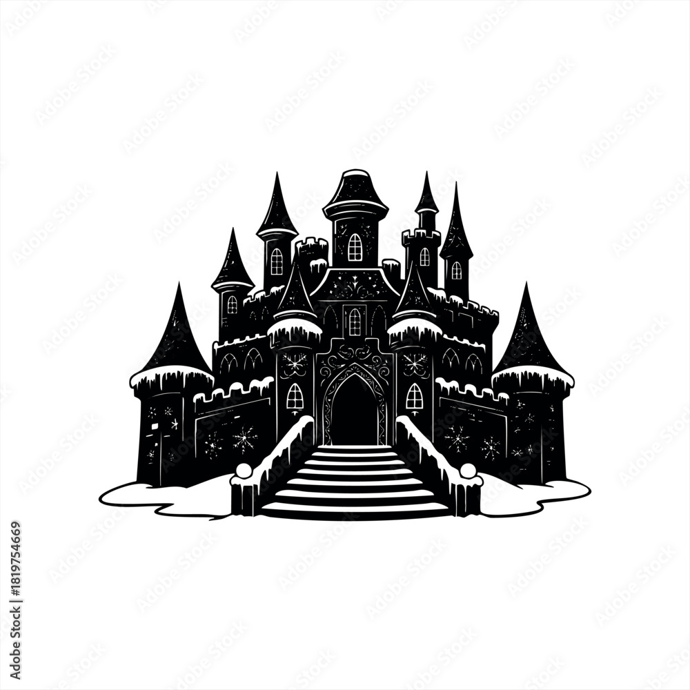 Obraz premium A black and white fairytale winter castle illustration with snow-covered towers, turrets, and a grand staircase, rendered in a magical, gothic woodcut style with intricate details