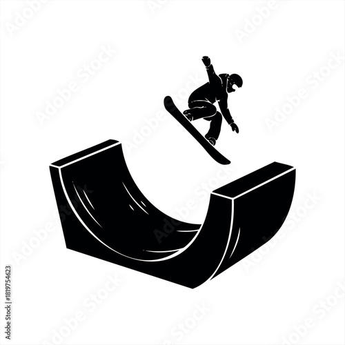 A black silhouette of a snowboarder mid-air performing a trick after launching from a half-pipe, a dynamic vector graphic representing extreme winter sports and freestyle action