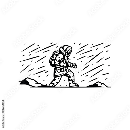 A determined explorer in a heavy winter parka with a fur hood and backpack treks through a fierce blizzard in a bold, graphic black and white line art illustration