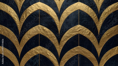 Luxury Art Deco Geometric Pattern Wallpaper with Textured Gold and Dark Navy Blue Interlocking Arches