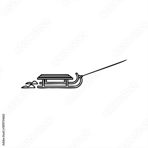 A traditional wooden sled with runners and a pull rope, depicted in a minimalist black and white line art style showing motion as it slides through the snow