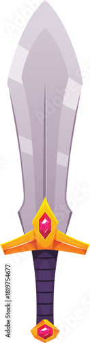 A medieval sword with a broad blade and a golden hilt with red gemstones.