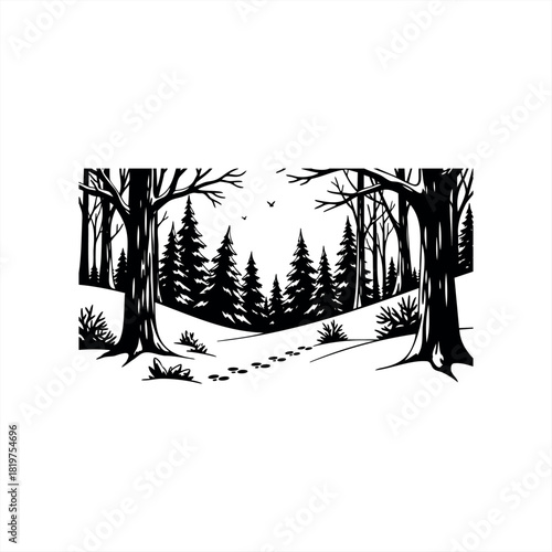 Black and white winter forest illustration with footprints in the snow leading through pine trees, a serene nature landscape in a simple graphic silhouette style