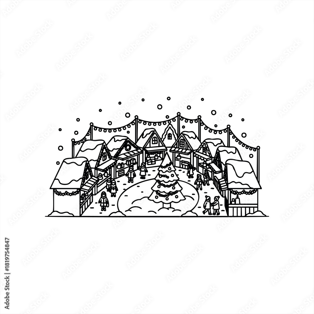 Fototapeta premium A Christmas market line art illustration showing a festive winter village with snow-covered wooden stalls, a central decorated tree, and people enjoying the holiday season