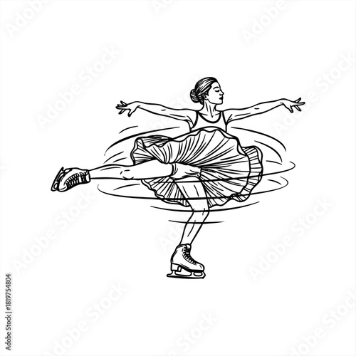 A graceful female figure skater in a flowing dress performs a dynamic camel spin, her athletic form captured in an elegant black and white contour line drawing illustration