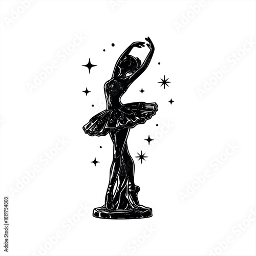 A black silhouette illustration of a ballerina figurine in a graceful pose with raised arms, wearing a tutu and pointe shoes, surrounded by magical stars in a graphic style