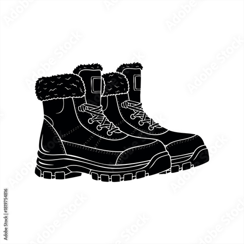 A pair of black winter boots with fur lining and thick soles in a vector silhouette style, a graphic icon representing warm and durable footwear for cold weather