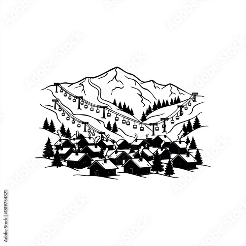 A charming ski resort village illustration in black and white, showing cozy cabins with smoking chimneys, a mountain with ski slopes, and a chairlift ascending among pine trees