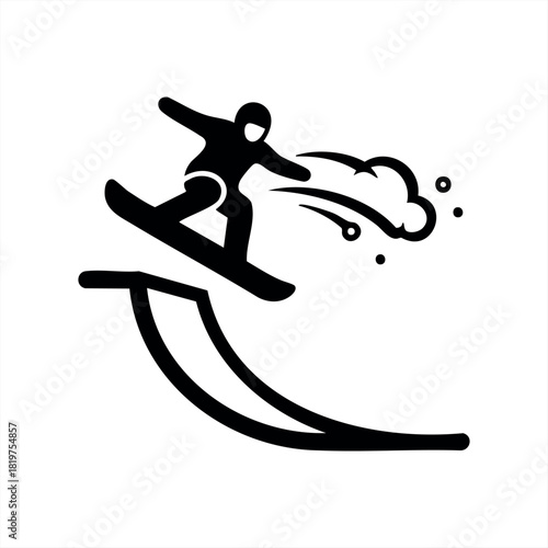 A black silhouette icon of a snowboarder jumping from a ramp, performing an aerial trick with dynamic motion lines representing speed and action in a minimalist graphic style