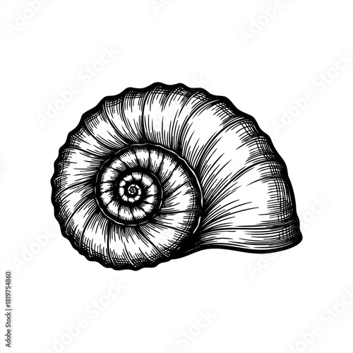 A hand-drawn black and white seashell illustration in a vintage engraving style, showing the detailed spiral shape and ribbed texture of a marine mollusk or ammonite fossil