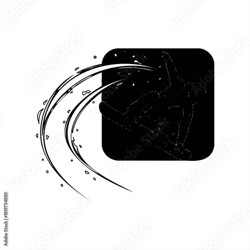 Black and white snowboarder silhouette icon performing a mid-air jump with dynamic motion lines and snow spray, a graphic vector illustration for extreme winter sports concepts