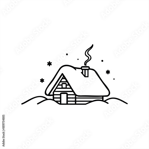 A cozy wooden cabin covered in snow with smoke rising from its chimney during a gentle snowfall, depicted in a simple black and white line art illustration
