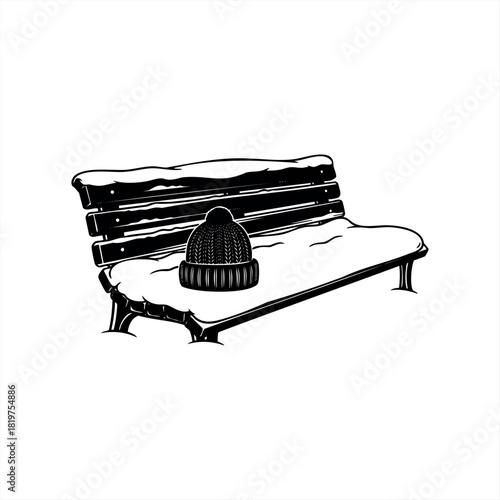 A forgotten knitted winter hat left on a snow-covered wooden park bench in a stark black and white graphic illustration, conveying a sense of loneliness and quiet