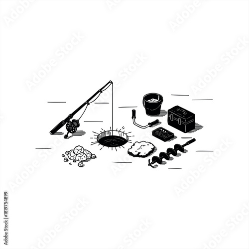 Ice fishing equipment set with a rod, reel, auger, tackle box, and bucket arranged around an ice hole in a minimalist black and white line art illustration