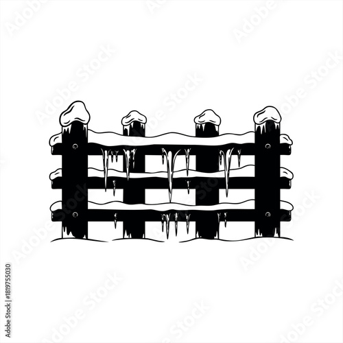 A black wooden picket fence covered in snow and hanging icicles is depicted in a simple, bold, graphic black and white line art illustration for a cold winter scene