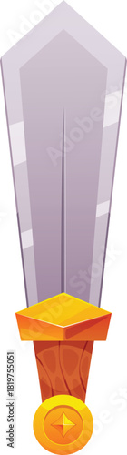 Cartoon sword, vector game wide iron blade saber with handle decorated gemstone, ancient warrior medieval knight weapon