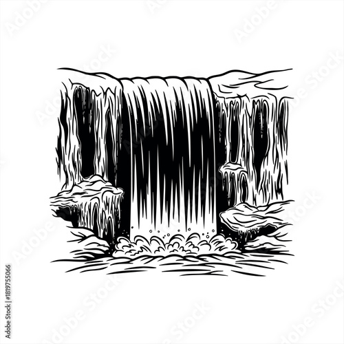 A powerful waterfall in a black and white line art style, cascading over a rocky cliff edge and splashing into the water below in a bold, graphic, and dynamic illustration