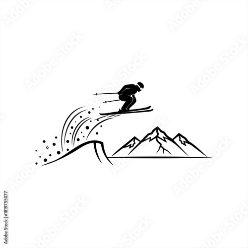 Black silhouette of a skier jumping high in the air from a snowy slope, a minimalist vector illustration with mountain peaks representing extreme winter sports