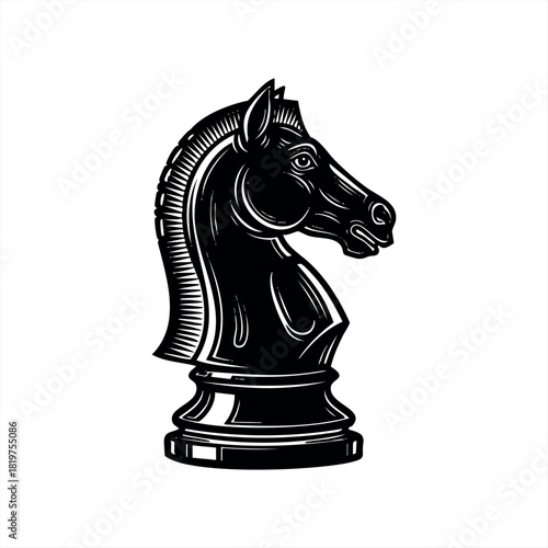 Black chess knight piece in a graphic woodcut style showing a detailed horse head profile, representing strategy and intelligence in a classic board game competition