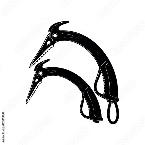 Two black technical ice climbing axes with curved shafts and sharp picks are shown in a minimalist graphic illustration style, representing extreme winter sports and mountaineering gear