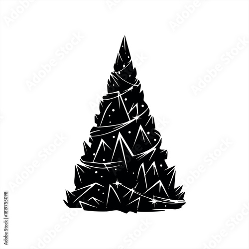 A black abstract Christmas tree silhouette with a spiky, crystalline texture and modern graphic decorations like stars and swirls, creating a festive and contemporary holiday symbol