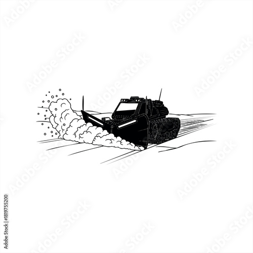 A powerful snowcat with caterpillar tracks plows deep snow in a dynamic black and white graphic illustration, showcasing its heavy-duty design and winter maintenance function
