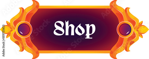 Shop medieval game button, vector cartoon gold decorated frame with gems, UI UX border for fantasy RPG gaming interface