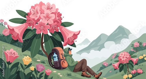 Restful traveler amidst mountain flora, appreciating the vibrant rhododendron bloom