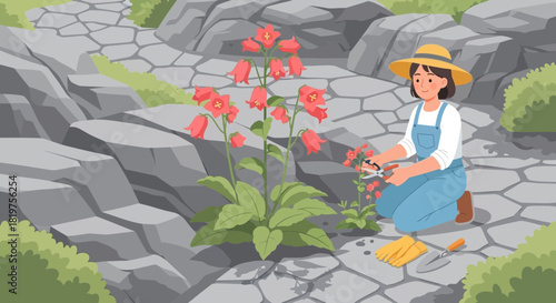 Illustrated Gardener Tending Flowers in a Serene Stone Pathway Garden