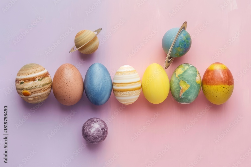 Fototapeta premium A series of beautifully painted eggs designed to resemble planets, blending festive charm with the grandeur of the solar system, evoking creativity and celebration.