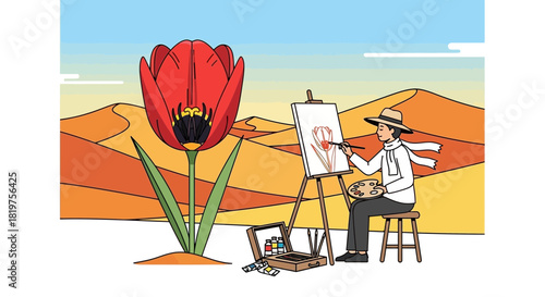 Illustrative portrayal of an artist inspired by a monumental tulip in the desert