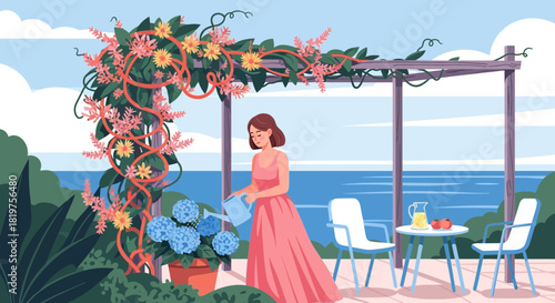 Elegant Woman Watering Flowers in a Serene Garden Overlooking the Sea