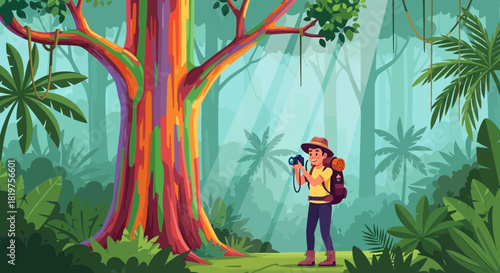 Adventurer Capturing a Rainbow Eucalyptus Tree in a Lush Tropical Forest