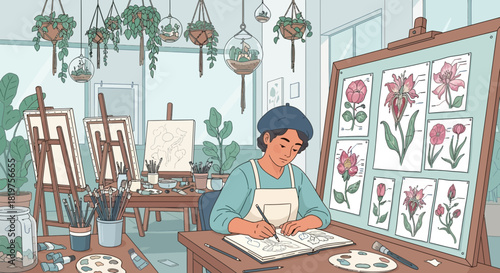 Artistic inspiration: Botanist illustrator at work in serene light-filled studio