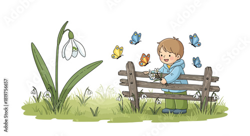 Springtime Joy: A Child's Encounter with Snowdrops and Butterflies in a Verdant Meadow