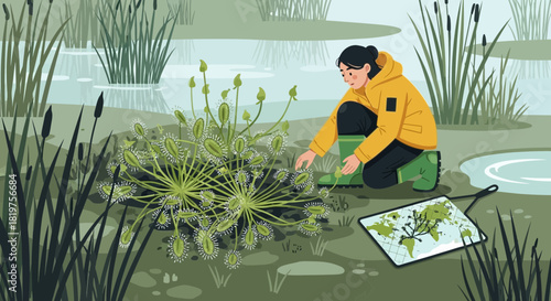Woman examining a sundew plant in its natural habitat near a still pond
